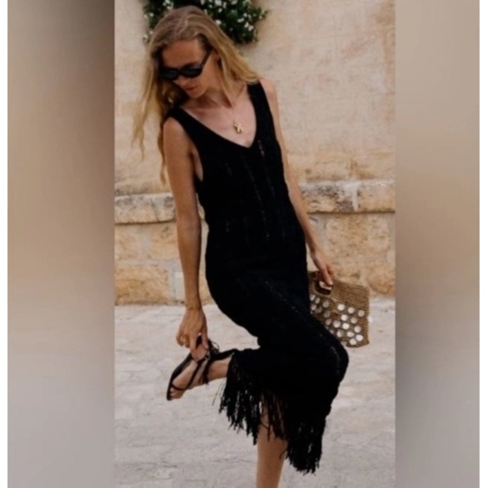 J.Crew Black Fringe-Trim‎ Sweater-Dress CK552 Sleeveless V-Neck Midi XS NEW